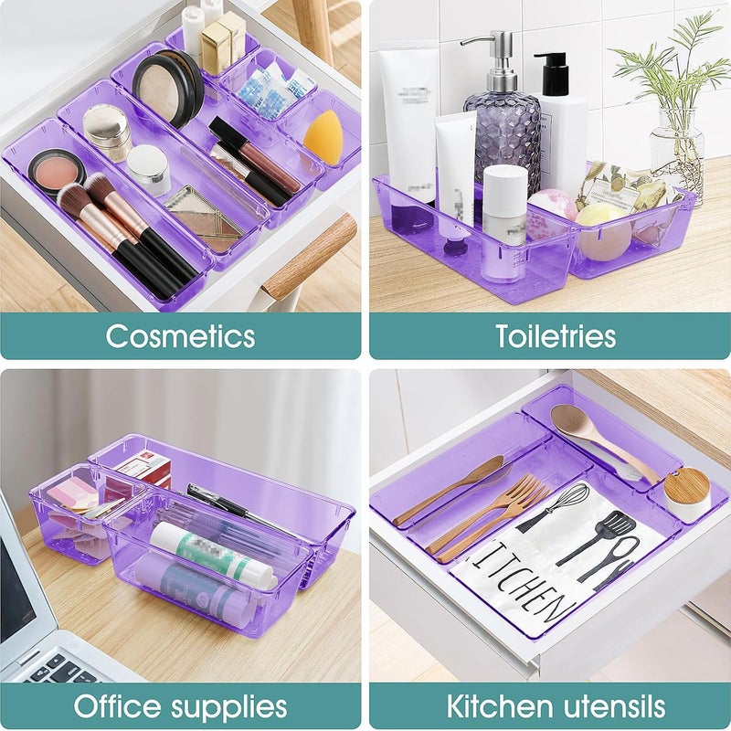 WOWBOX 25 PCS Plastic Drawer Organizer Set, Desk Drawer Divider Organizers and Storage Bins for Makeup, Jewelry, Gadgets for Kitchen, Bedroom, Bathroom, Office, Clear Purple - Image 5